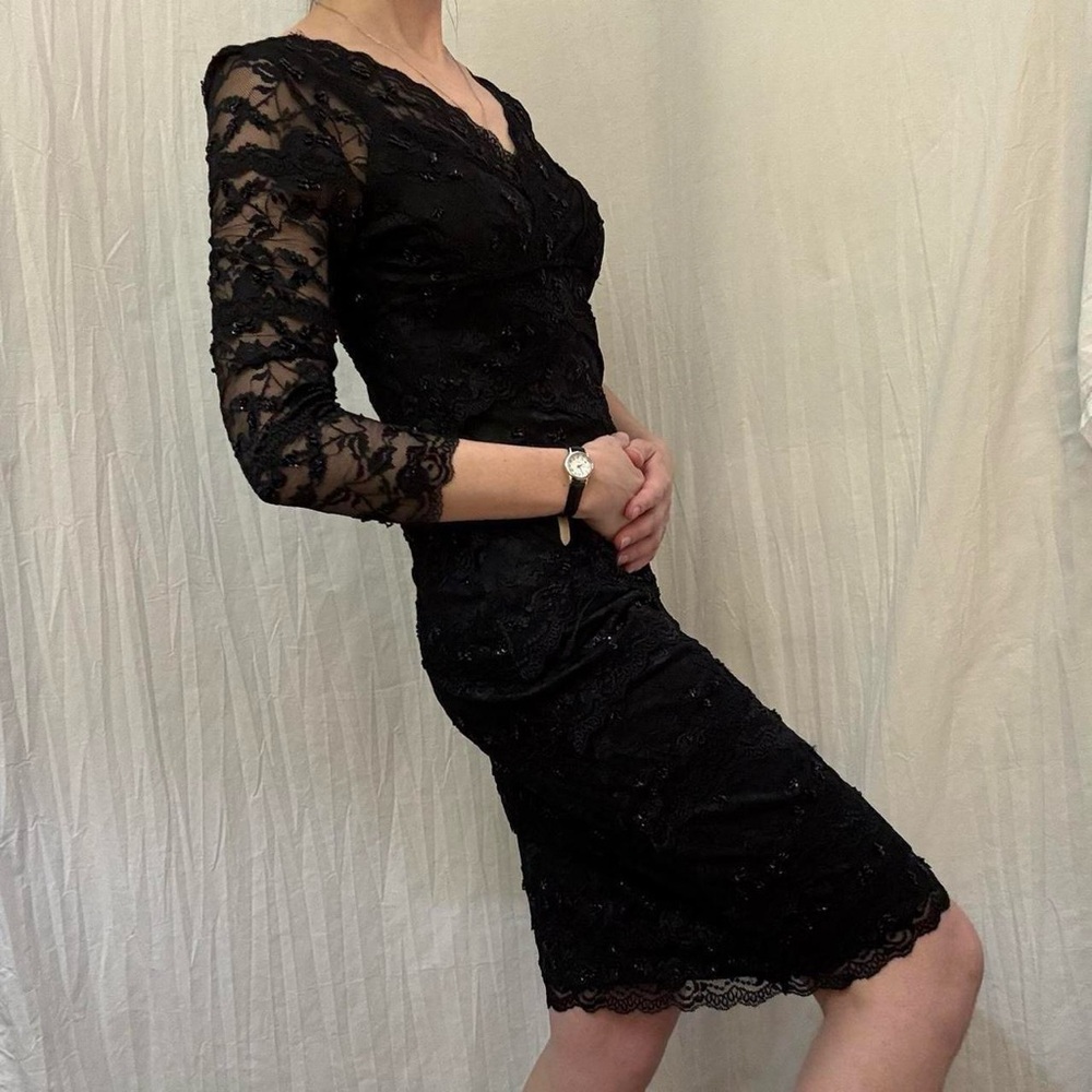 Black Lace and‎ Beaded Dress 3/4 Sleeve and V-Neck Victorian Goth Y2K